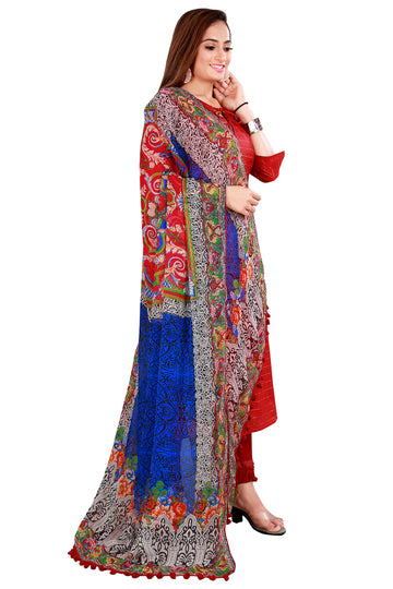 Blue Color Kalamkari And Floral Printed Chiffon Dupatta With Tassels